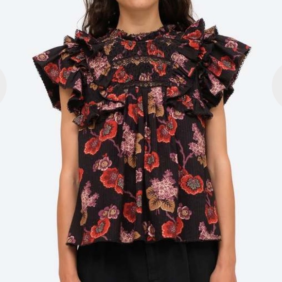 SEA NY Lucinda Seersucker Flutter Sleeve Top In Navy - Picture 3 of 5